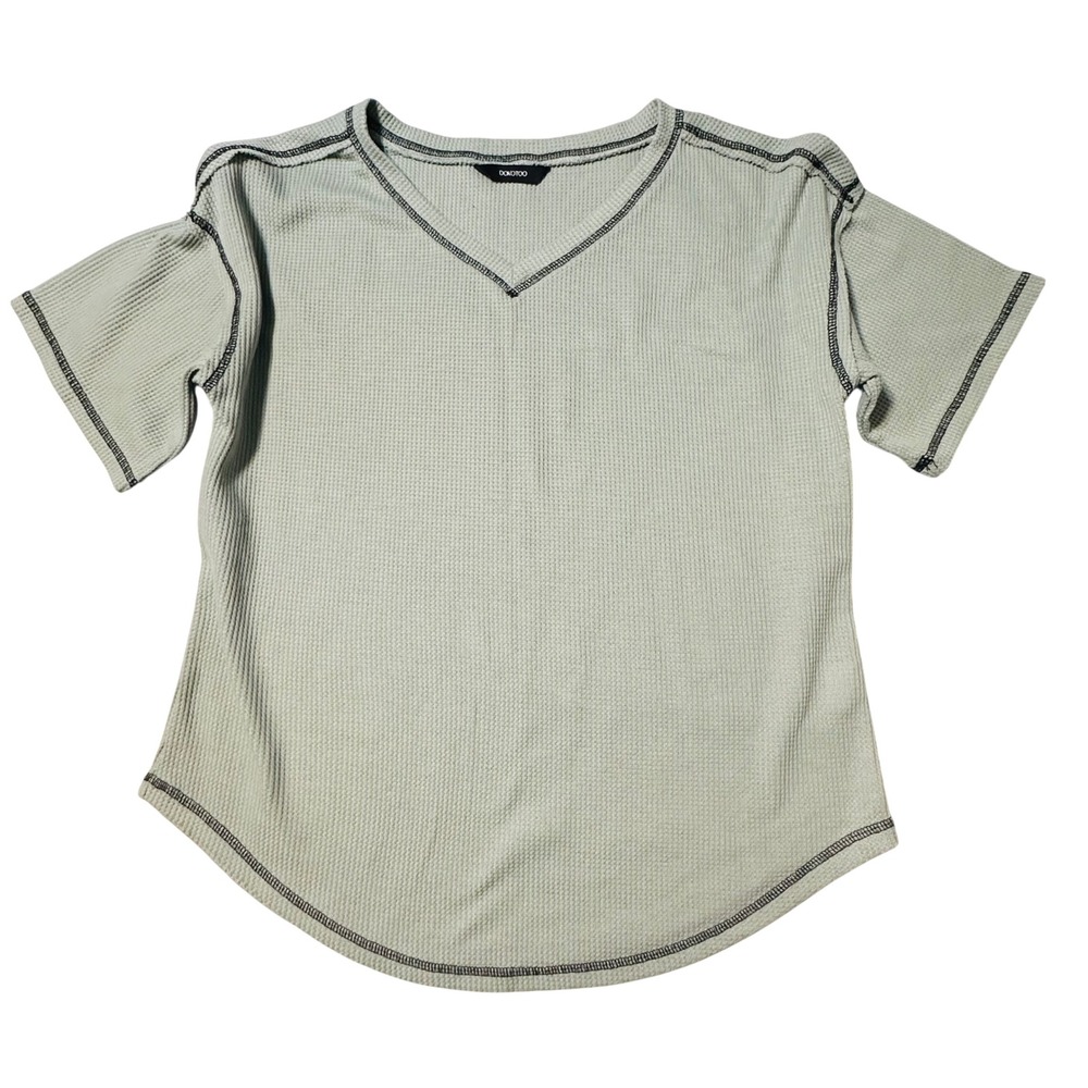 Dokotoo Womens Sage Green Waffle Knit V-Neck Short Sleeve Top Curved Hem Large